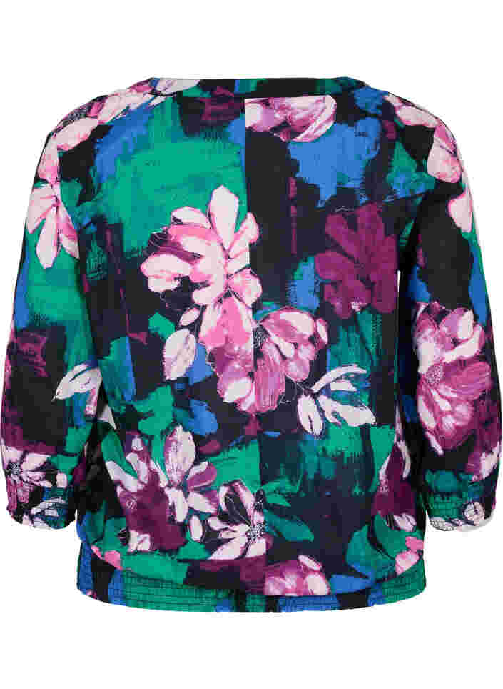 Blomstret bluse med 3/4 ærmer i viskose, Black Flower AOP, Packshot image number 1