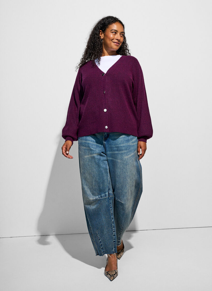 Cardigan med V-hals og ribstruktur, Lilla, Model image number 1