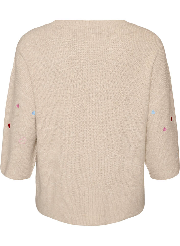Strikbluse med hjerter og 3/4 &aelig;rmer, Beige, Packshot image number 1