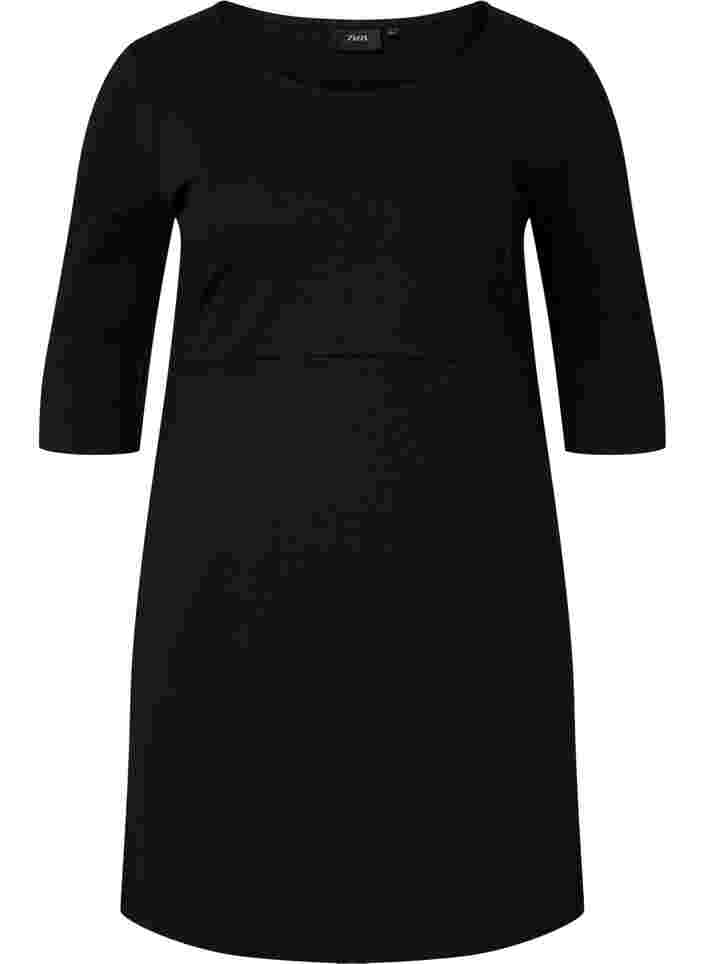 Ensfarvet kjole med 3/4 ærmer og slids, Black, Packshot image number 0