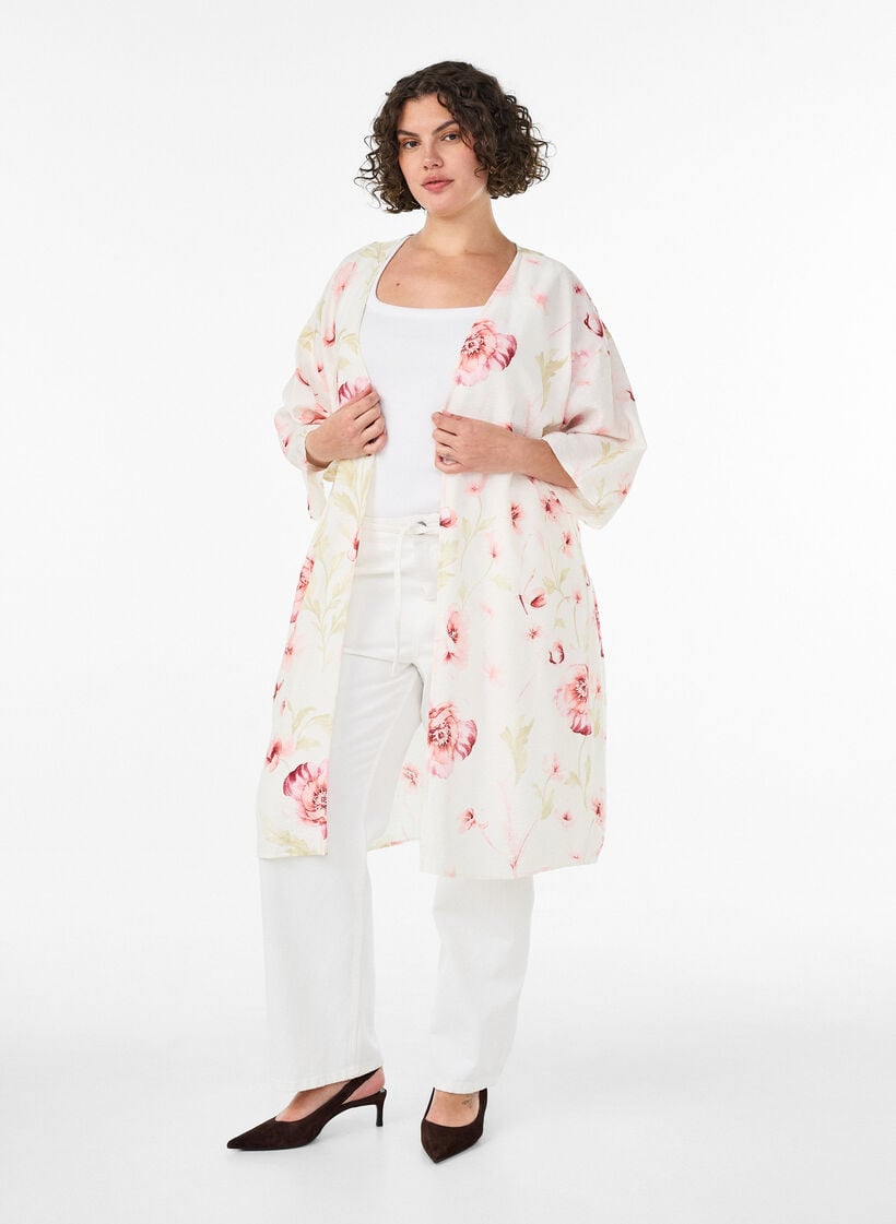 Kimono i viskose med 3/4 &aelig;rmer, Lyser&oslash;d, Model image number 1