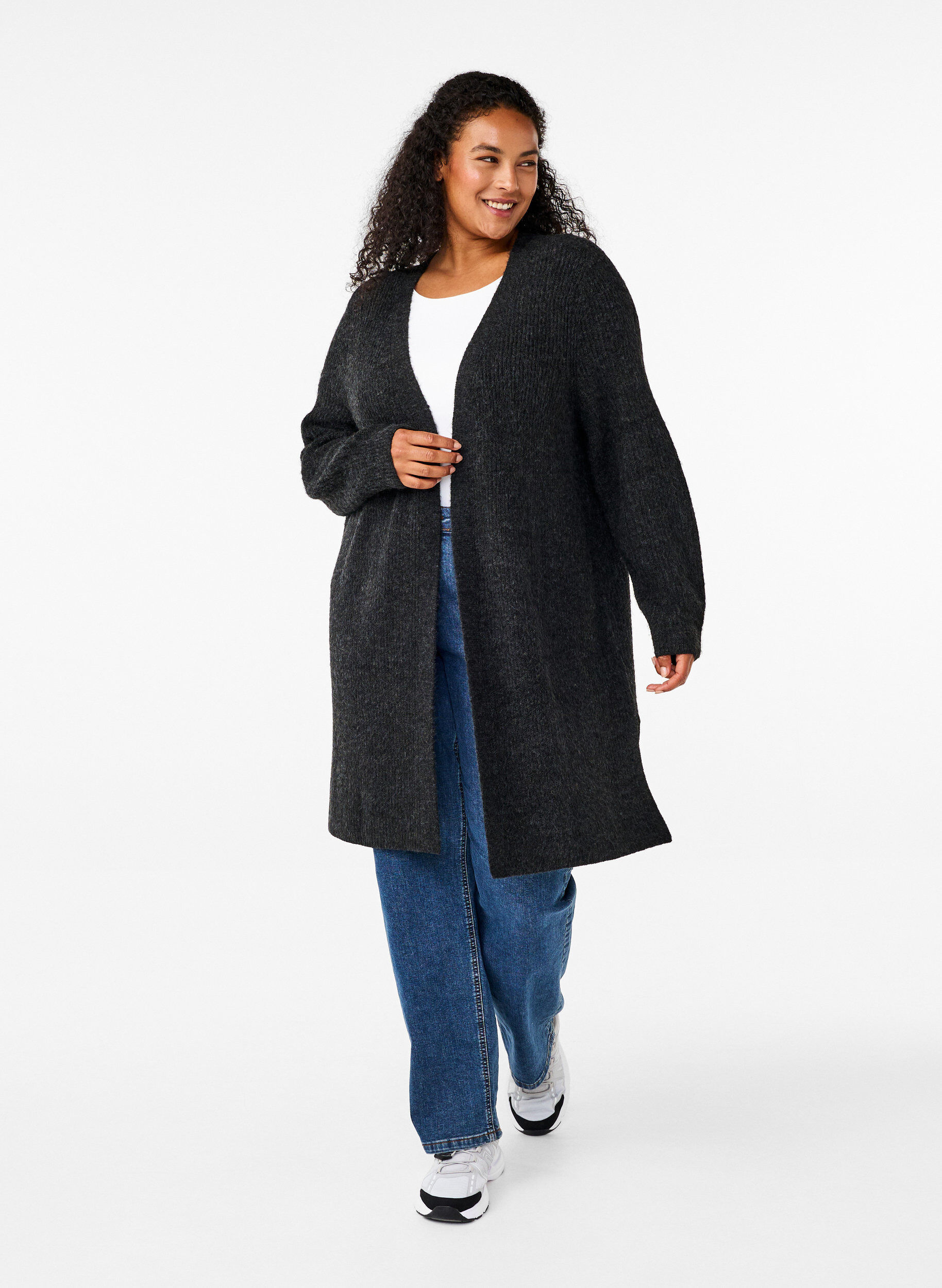 Zizzi FLASH - Ribstrikket cardigan med slidser, Dark Grey Melange, Model image number 2