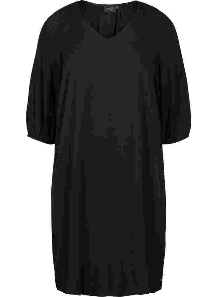Viskose kjole med v-udskæring, Black, Packshot image number 0