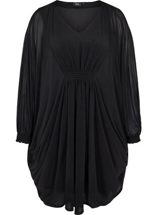 Langærmet kjole med v-hals og smock, Black, Packshot image number 0