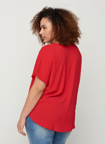 Bluse med korte ærmer og rund halsudskæring, Lipstick Red, Model image number 1