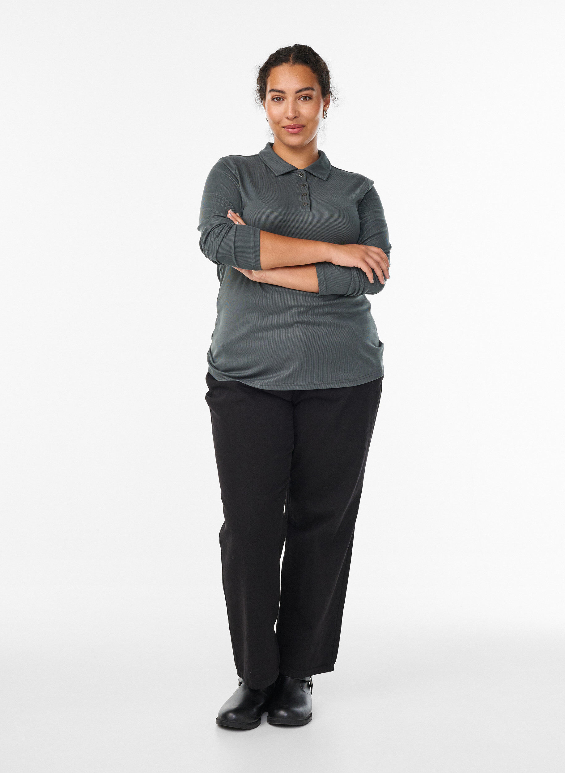 Zizzi Poloshirt i bl&oslash;d rib med lange &aelig;rmer, Gr&oslash;n, Model image number 1