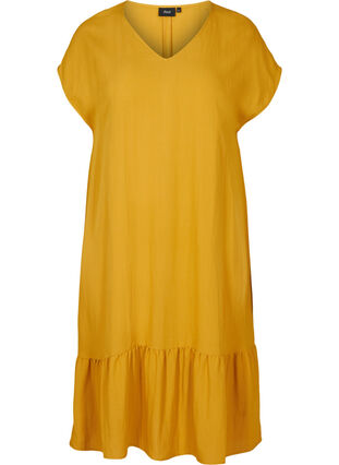 Kortærmet viskose kjole med v-udskæring, Harvest Gold, Packshot image number 0