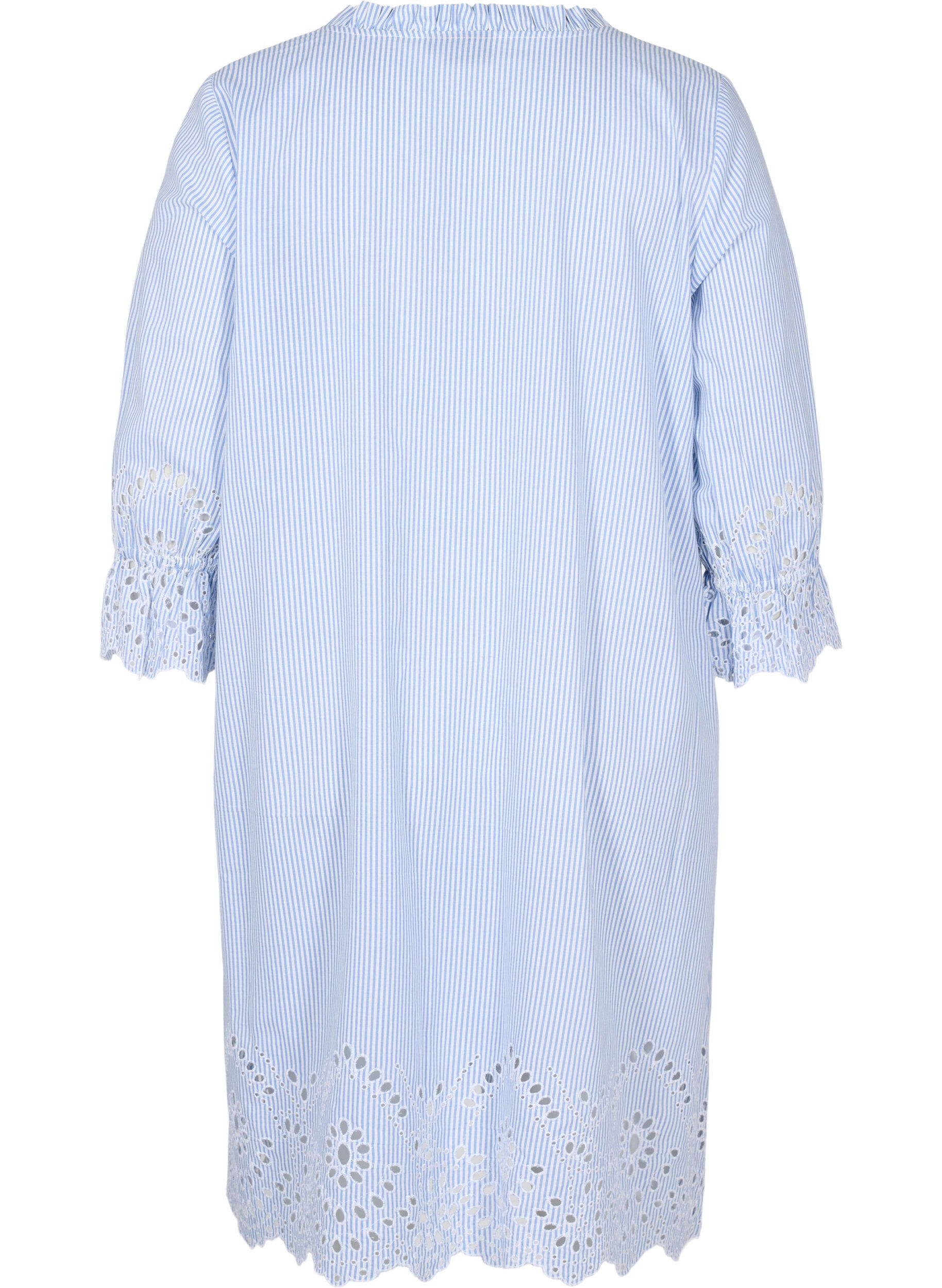 Zizzi Bomuldskjole med striber og broderi anglaise, Blue Stripe, Packshot image number 1