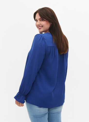 V-hals bluse med lange ærmer, Mazarine Blue, Model image number 1