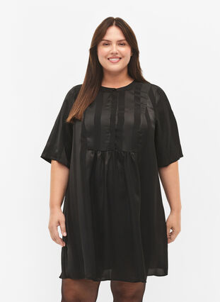A-formet kjole med striber og 1/2 ærmer, Black, Model image number 0
