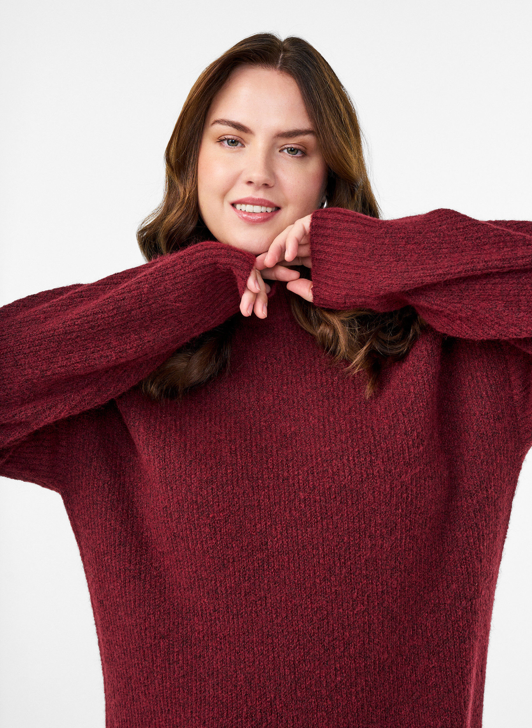 Zizzi Lang strikkjole med h&oslash;j hals, R&oslash;d, Model image number 3