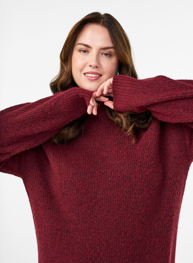 Lang strikkjole med høj hals, Rød, Model image number 3