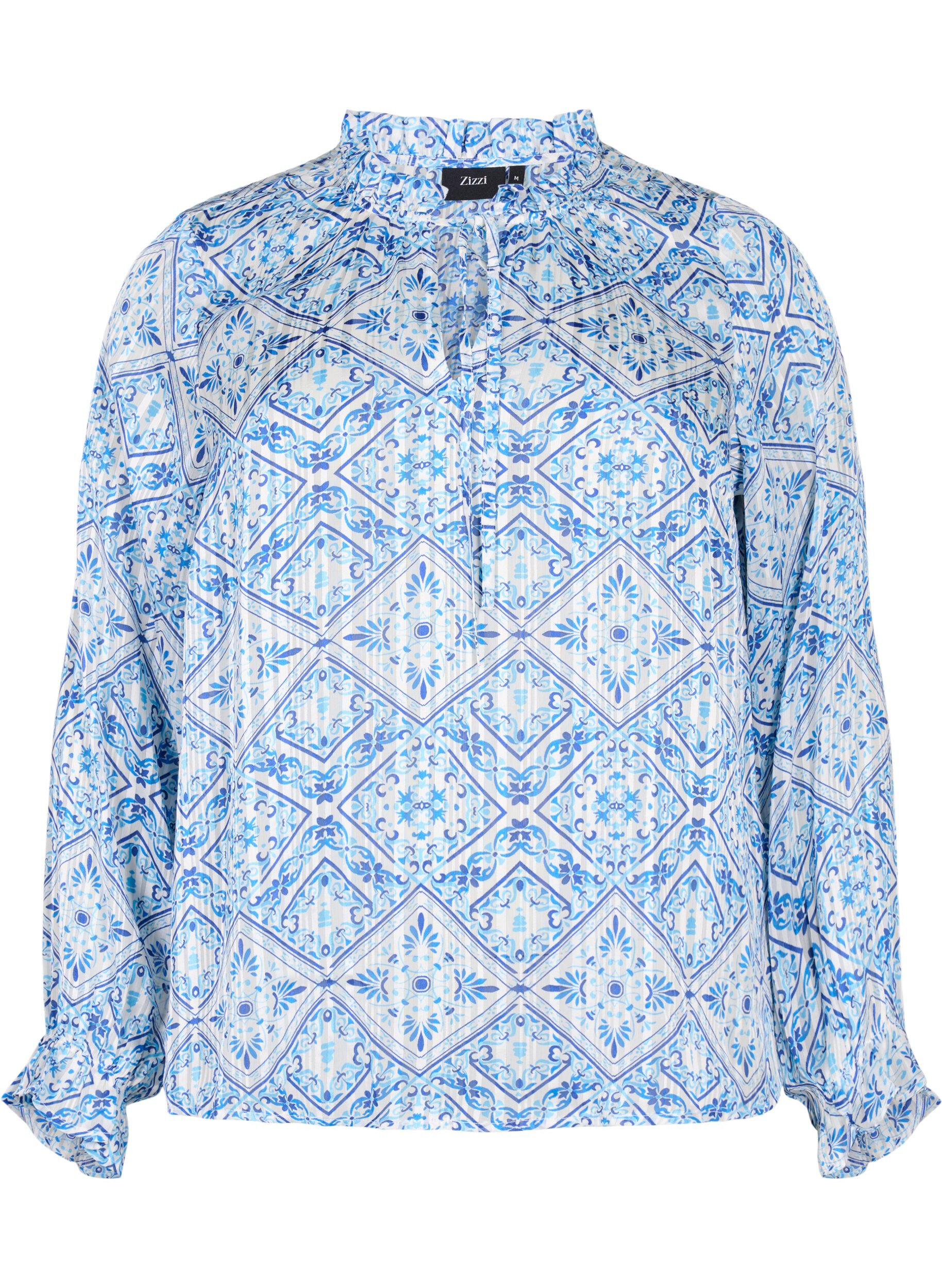 Zizzi Lang&aelig;rmet bluse med fl&aelig;ser og print, Beige, Packshot image number 0