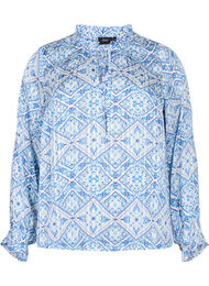 Langærmet bluse med flæser og print, Beige