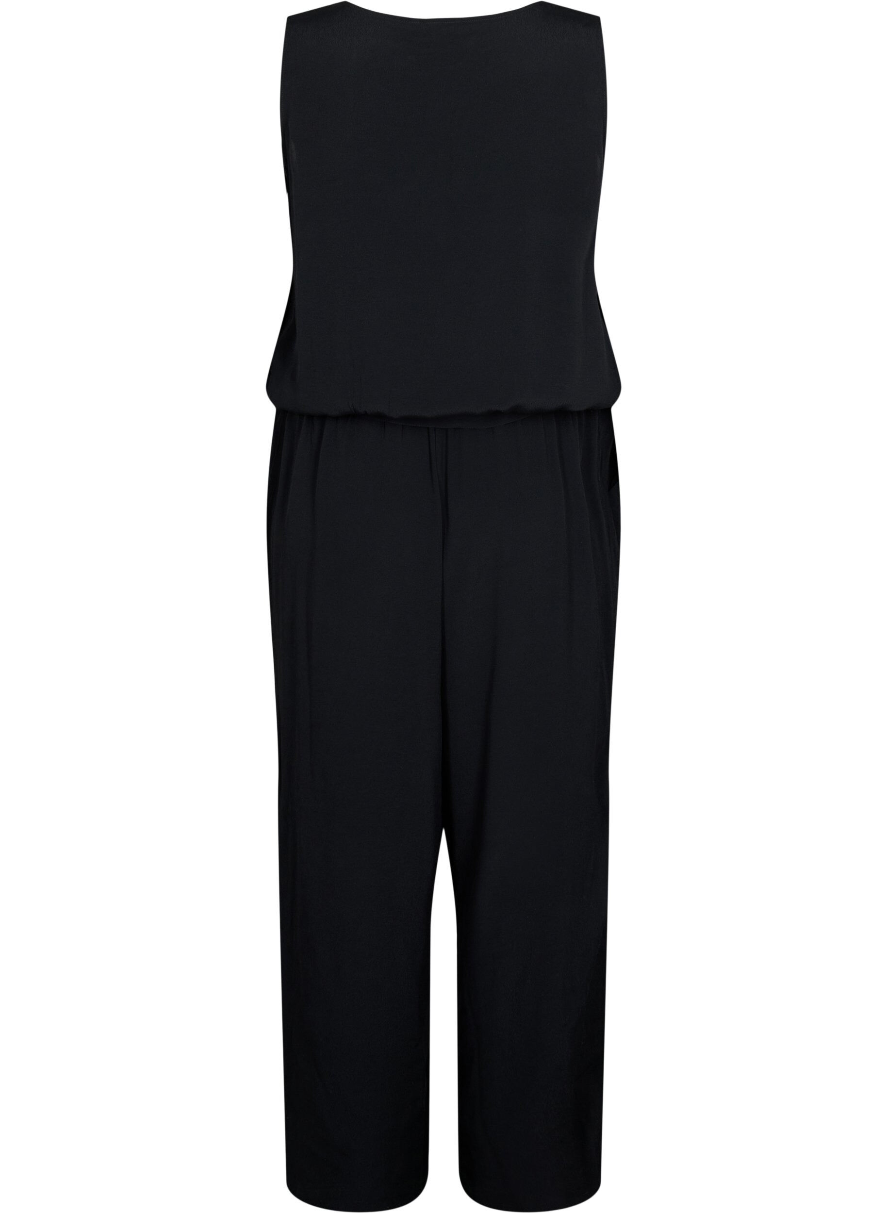 Zizzi &AElig;rmel&oslash;s jumpsuit i viskose, Black, Packshot image number 1