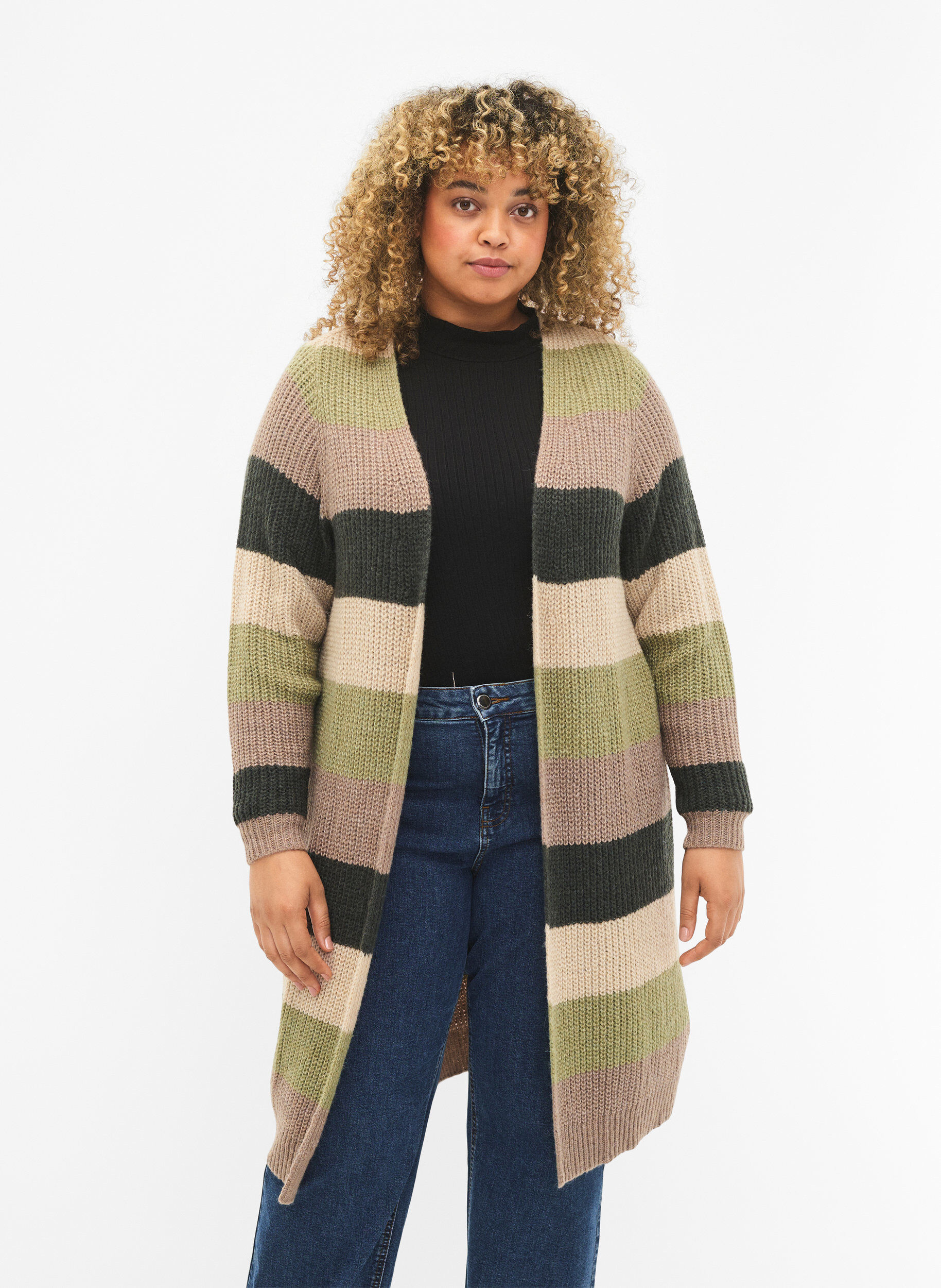 Zizzi Lang ribstrikket cardigan med striber, Forest Night Comb, Model image number 0