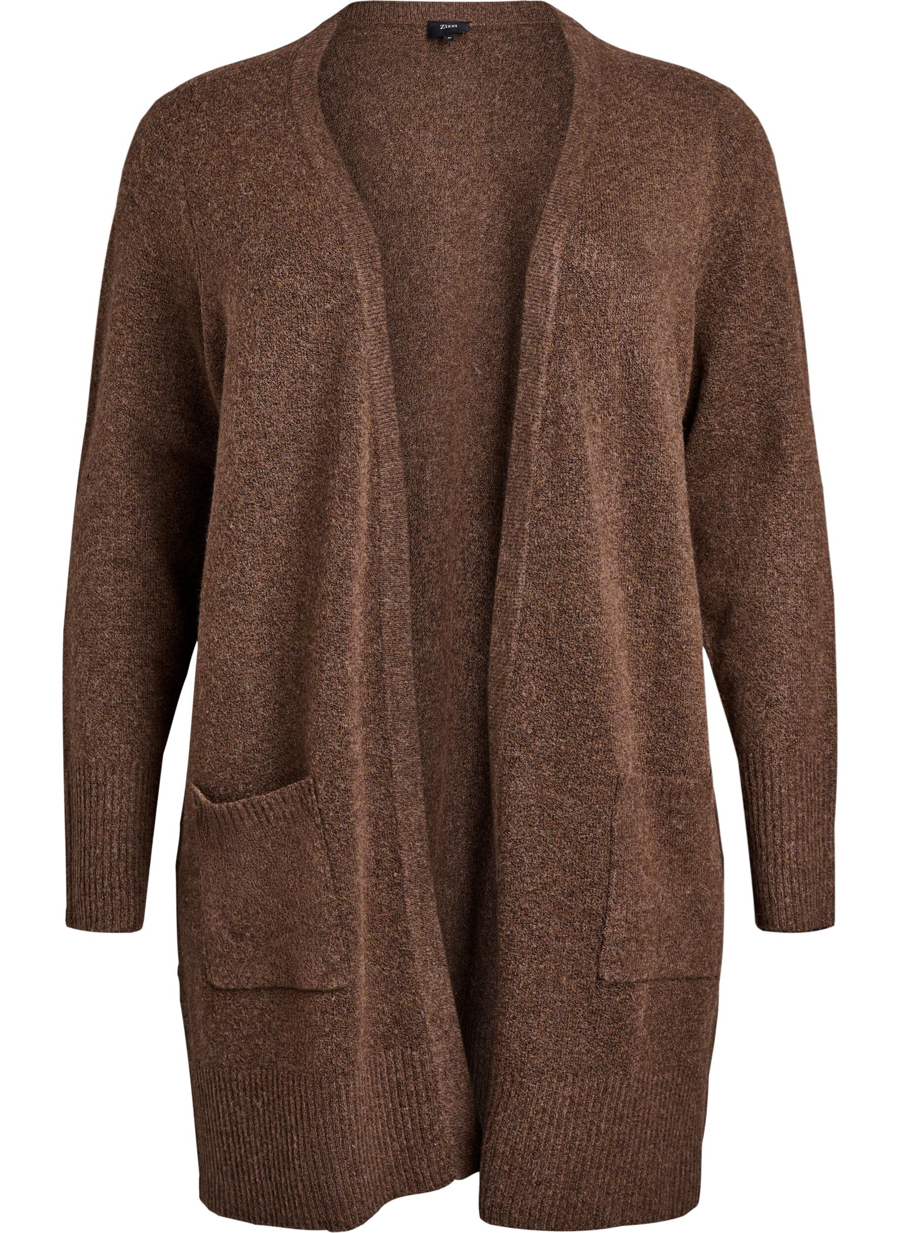 ZizziMeleret strik cardigan med lommer, Brun, Packshot image number 0