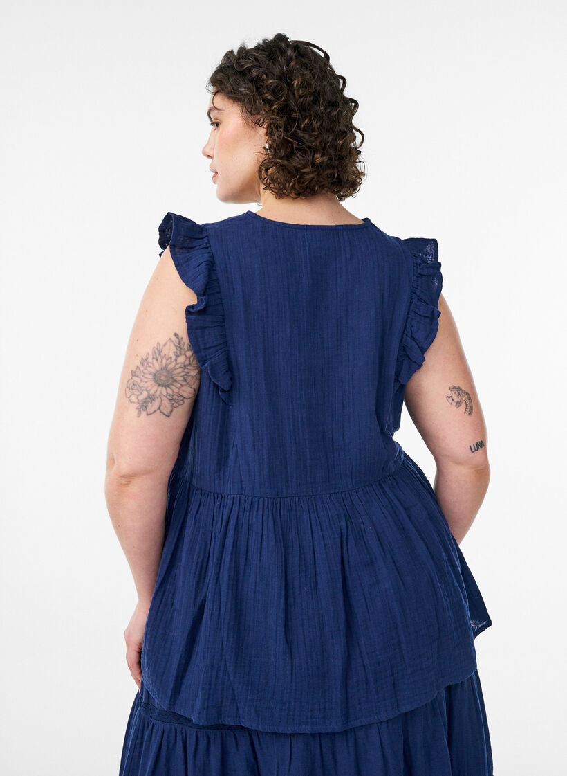 &AElig;rmel&oslash;s bluse i bomuldsmusselin med fl&aelig;ser, Bl&aring;, Model image number 2