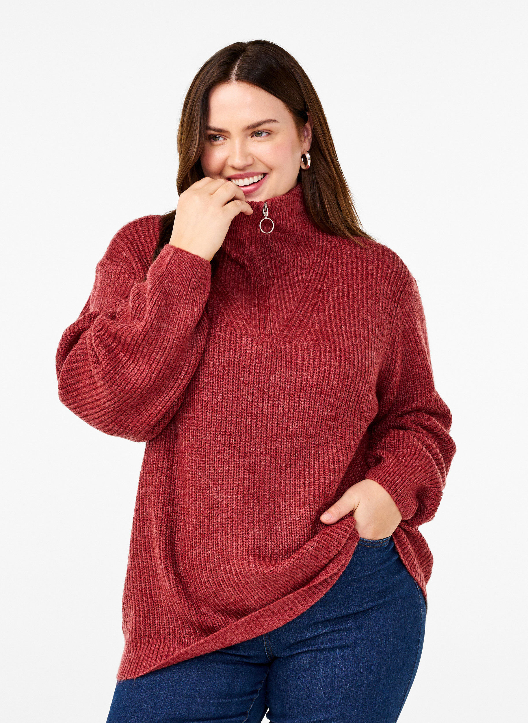 ZizziStriktr&oslash;je med h&oslash;j hals og lynl&aring;s, R&oslash;d, Model image number 0