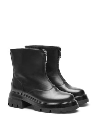 Kort wide fit læderstøvle med lynlås, Black, Packshot image number 1