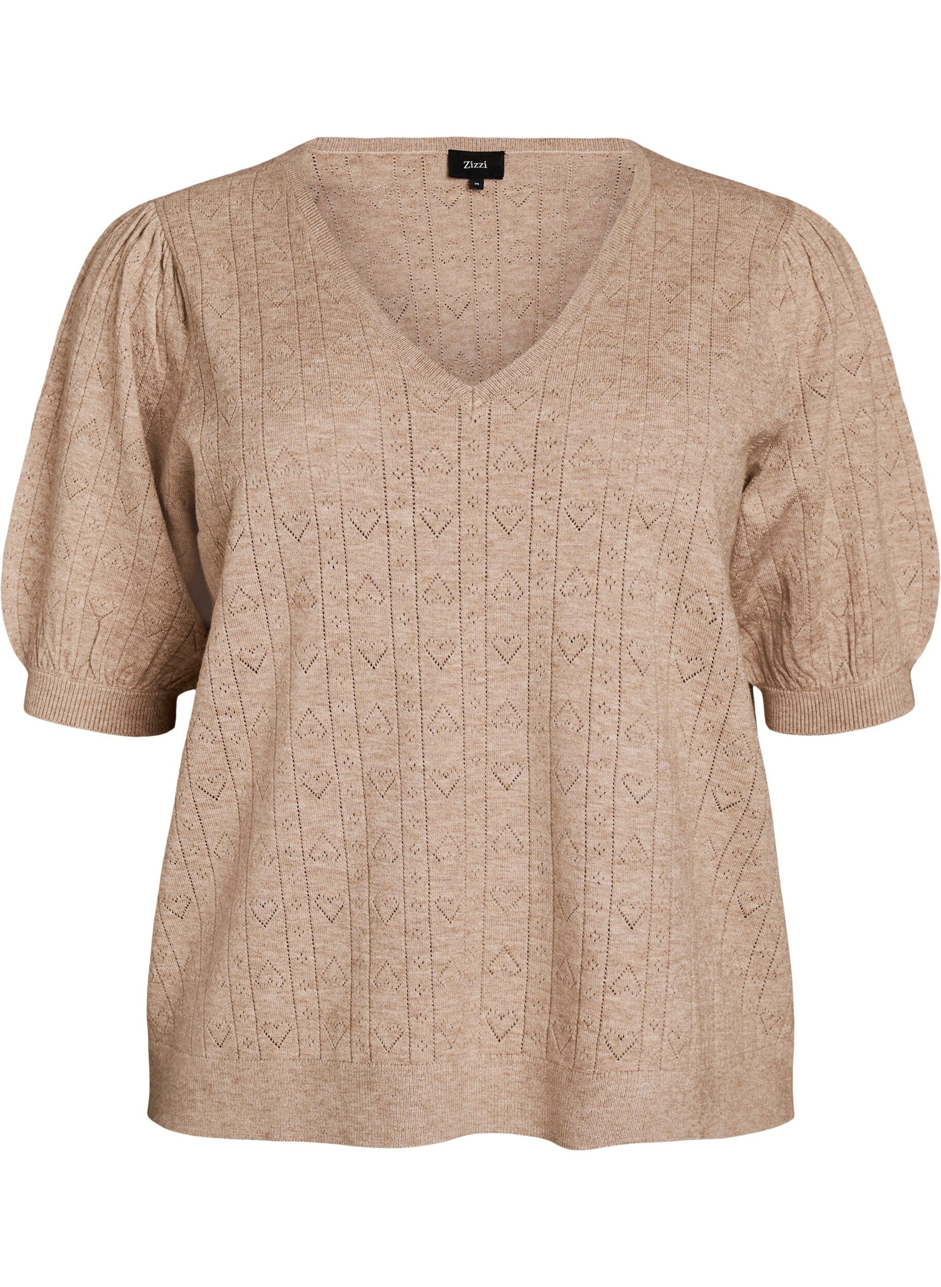 ZizziKort&aelig;rmet strikbluse med pointellem&oslash;nster, Beige, Packshot image number 0