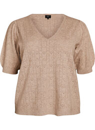 Kort&aelig;rmet strikbluse med pointellem&oslash;nster, Beige