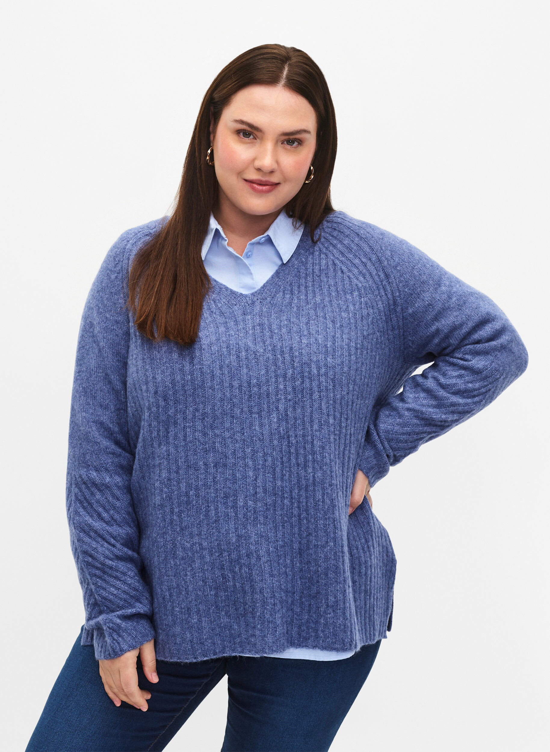 Zizzi Strikbluse med slids, Gray Blue Mel., Model image number 0