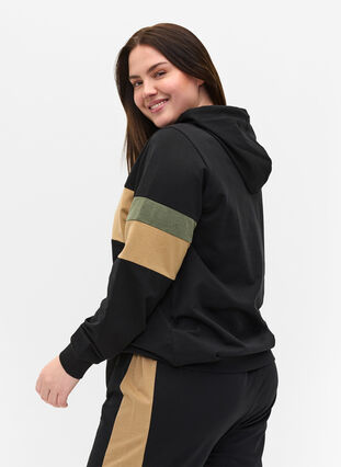 Sweatshirt med hætte og trackdetaljer, Black/Camel, Model image number 1