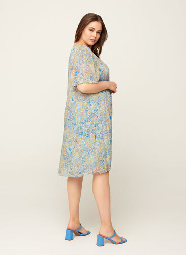 Plissé kjole med blomsterprint, Light Blue Multi AOP, Model image number 1