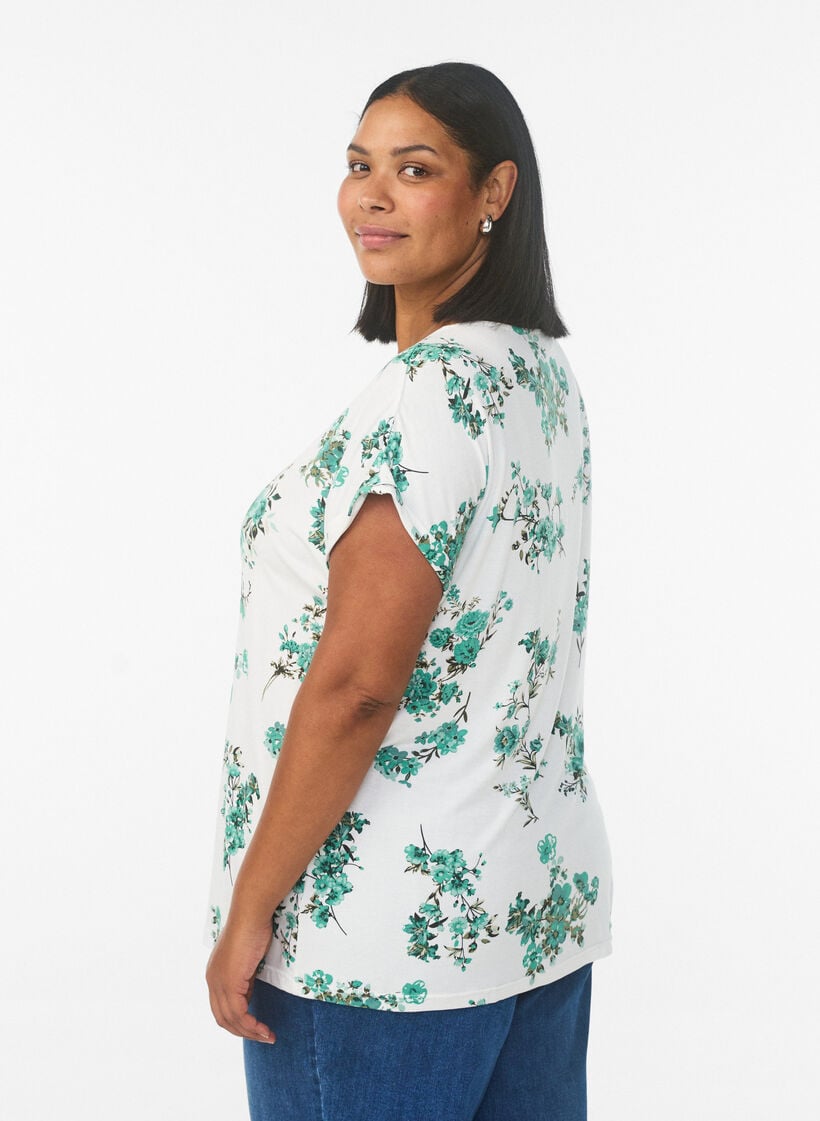 T-shirt med blomsterprint, Hvid, Model image number 2
