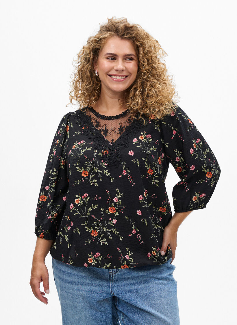 Bluse med 3/4 ærmer og blondedetalje, Sort, Model image number 0
