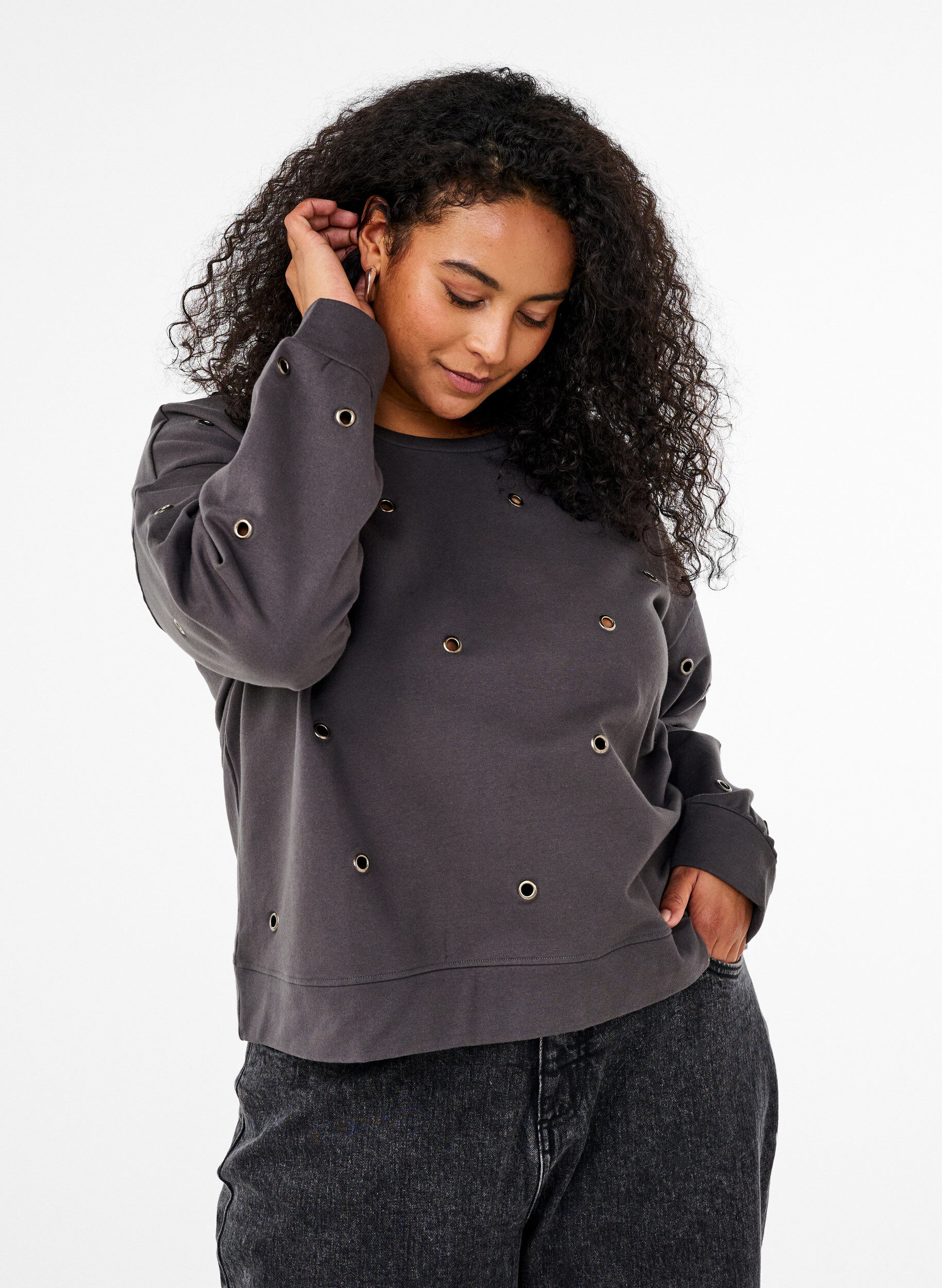 Zizzi Sweat med eyelets, Gr&aring;, Model image number 0