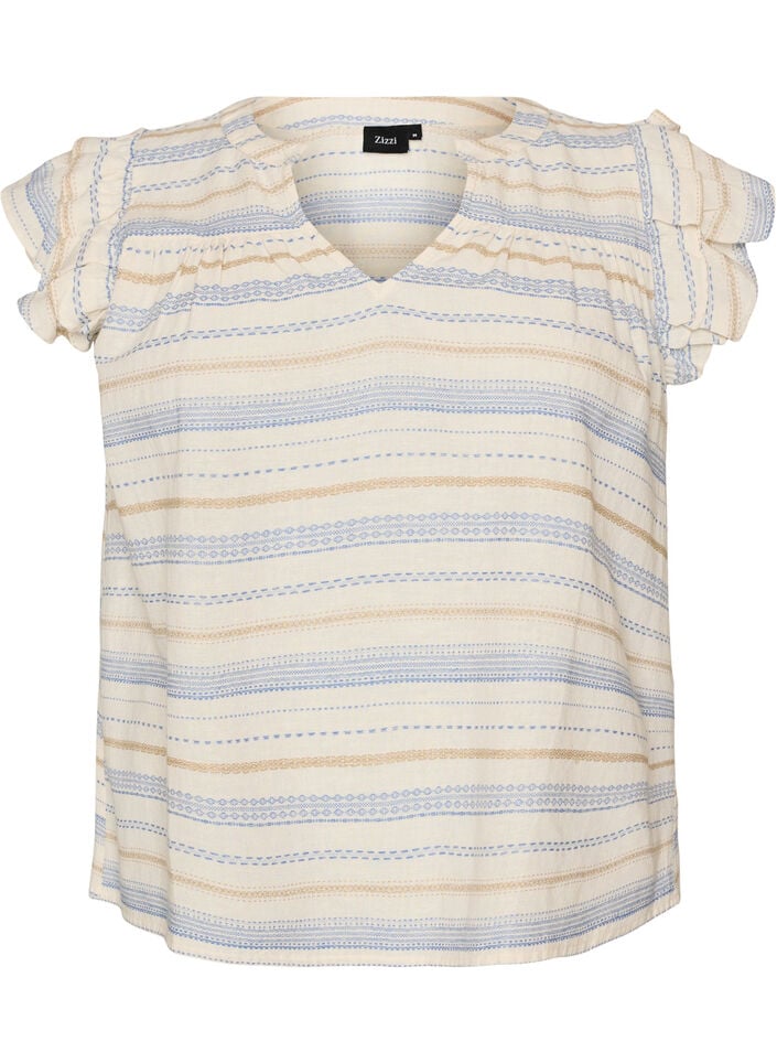 &AElig;rmel&oslash;s bluse med fl&aelig;ser og m&oslash;nstrede striber, Vanilla, Packshot image number 0