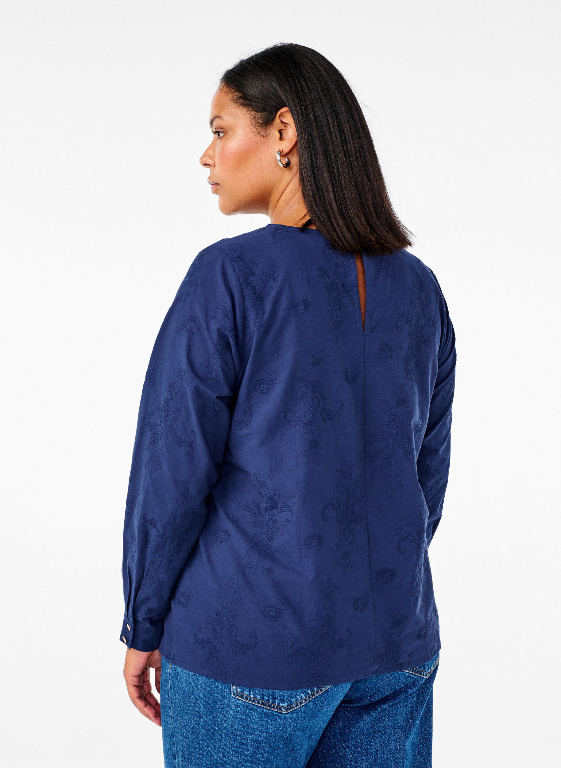 Zizzi Lang&aelig;rmet bluse med broderi, Bl&aring;, Model image number 2