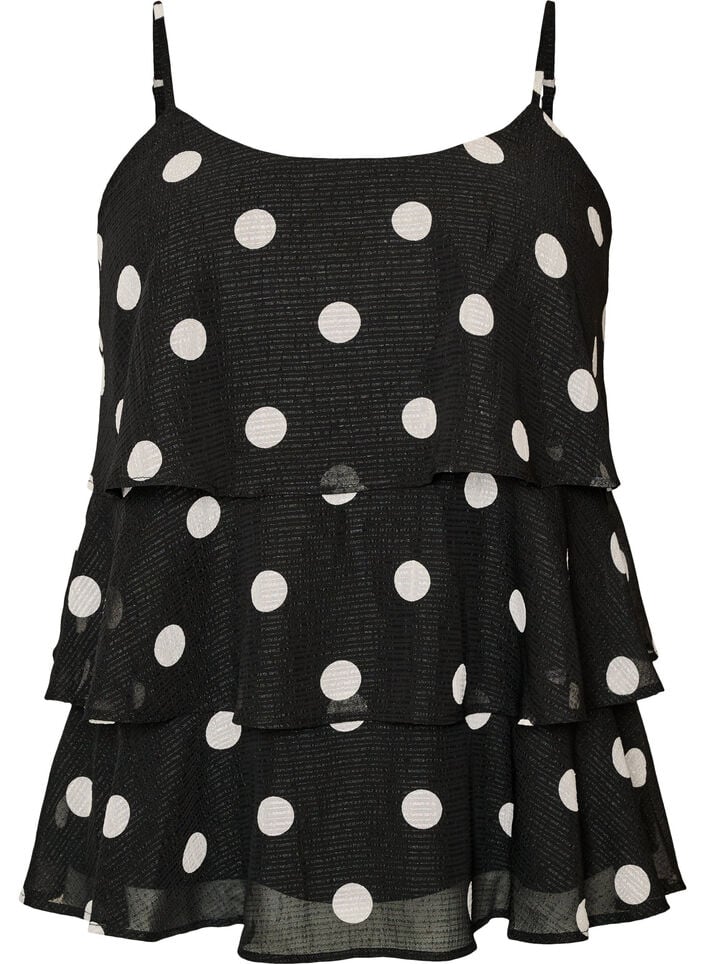 Lagdelt top med fl&aelig;sevolanter og spaghettistropper, Sort, Packshot
