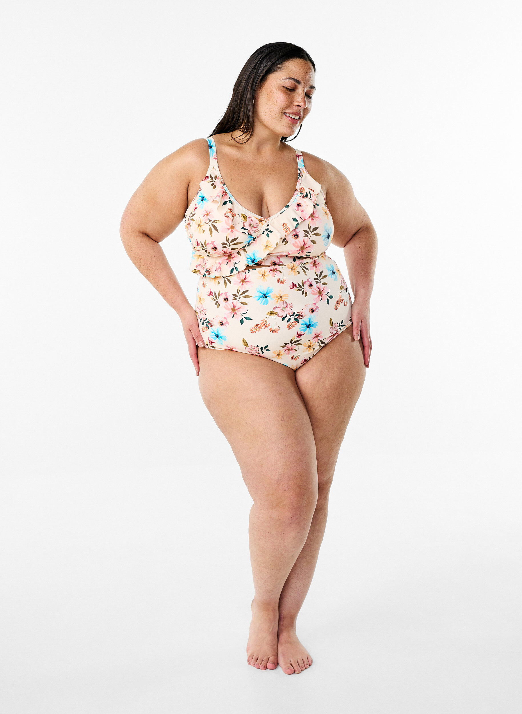 Zizzi Ekstra h&oslash;jtaljet bikini trusse med blomsterprint, Beige, Model image number 1