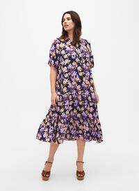 Kortærmet viskose kjole med print, Small Flower AOP, Model