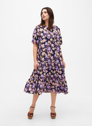 Kortærmet viskose kjole med print, Small Flower AOP, Model image number 0