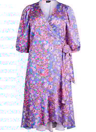 Blomstret sl&aring;-om kjole med 3/4 &aelig;rmer, Bl&aring;