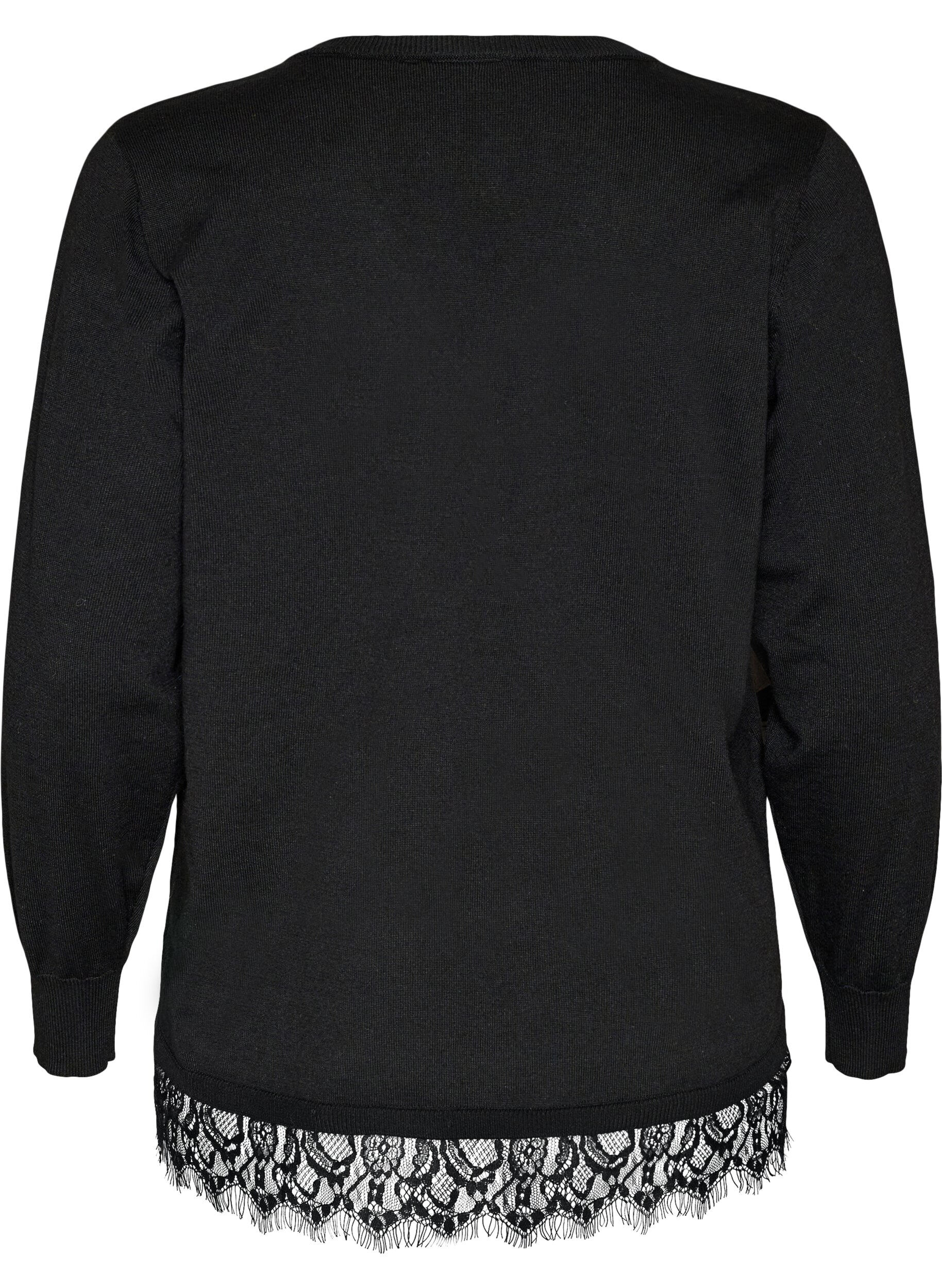ZizziStrikbluse med V-hals og blondekant , Sort, Packshot image number 1