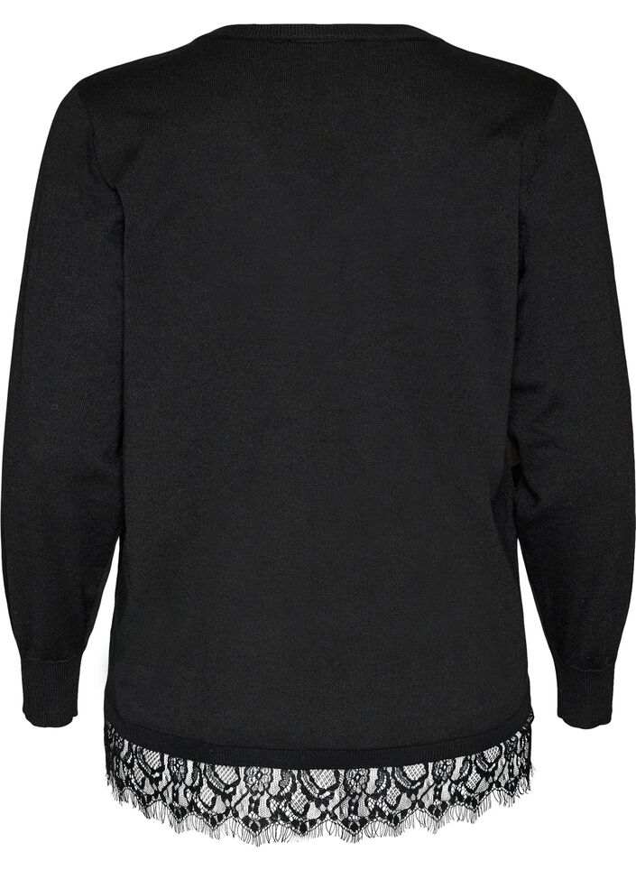 Strikbluse med V-hals og blondekant , Sort, Packshot image number 1