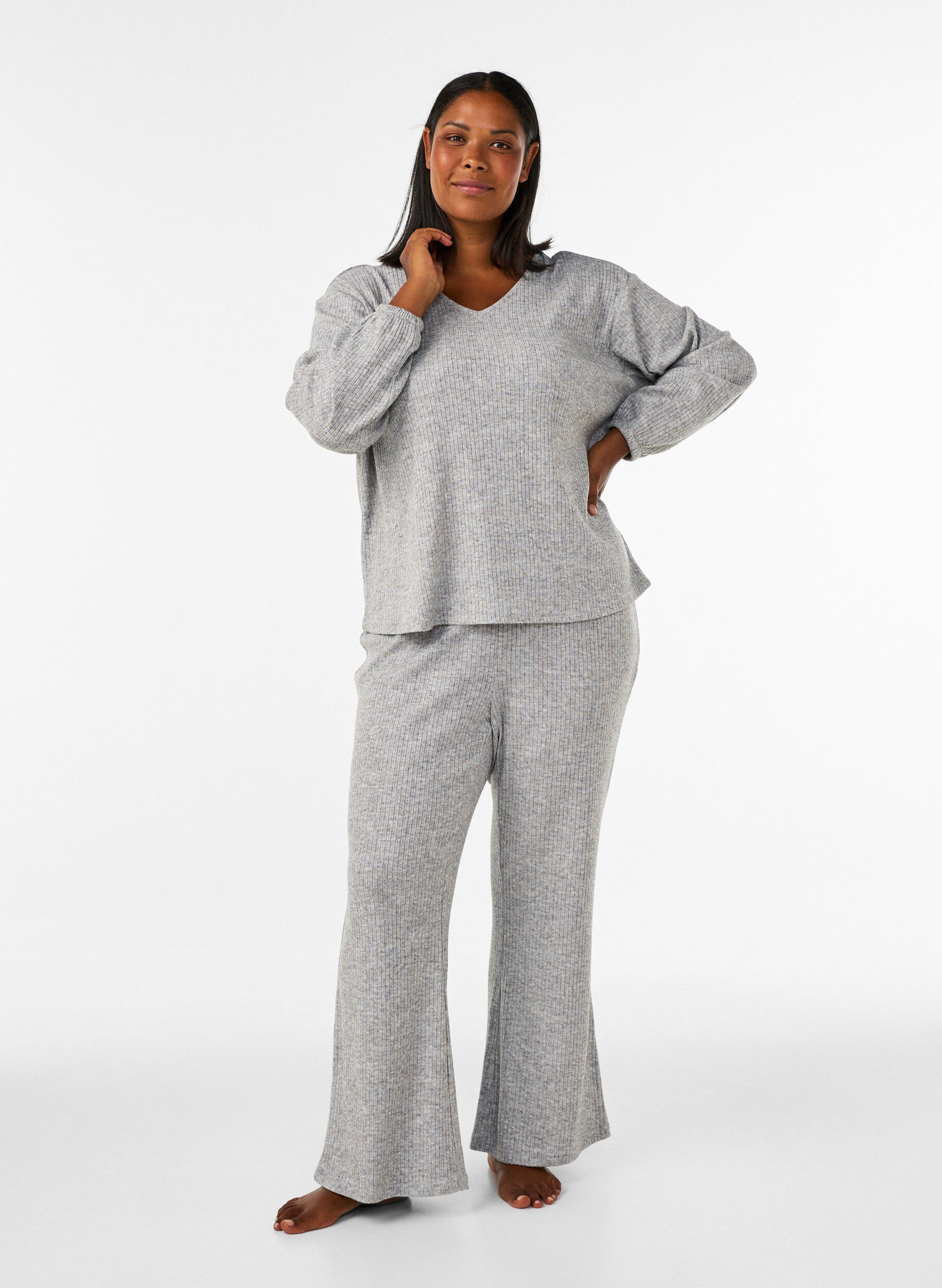 ZizziJerseybluse med ribstruktur og V-hals, Gr&aring;, Model image number 1