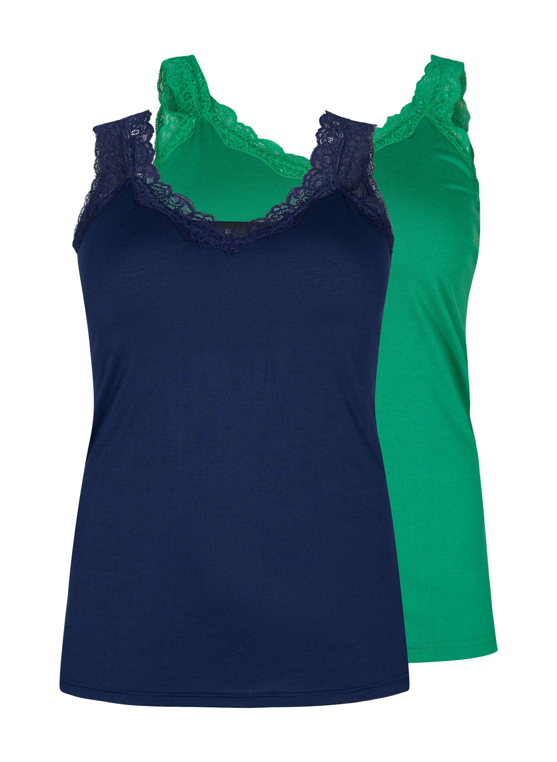 Zizzi 2-pak top med blonder, Navy B/Jolly Green, Packshot image number 0