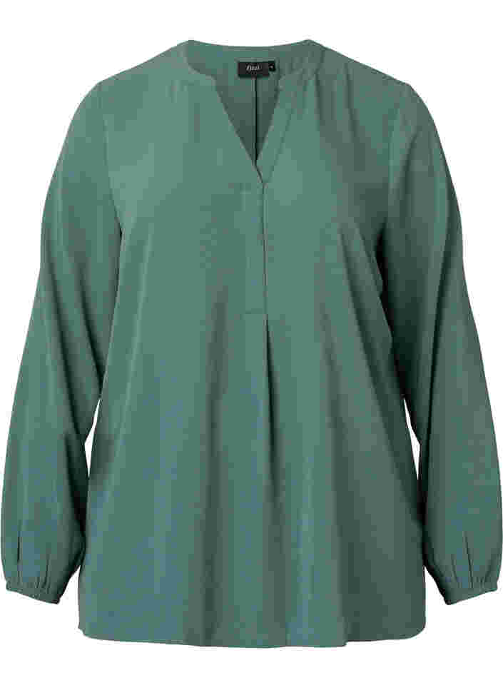 Ensfarvet bluse med v-hals, Mallard Green, Packshot image number 0