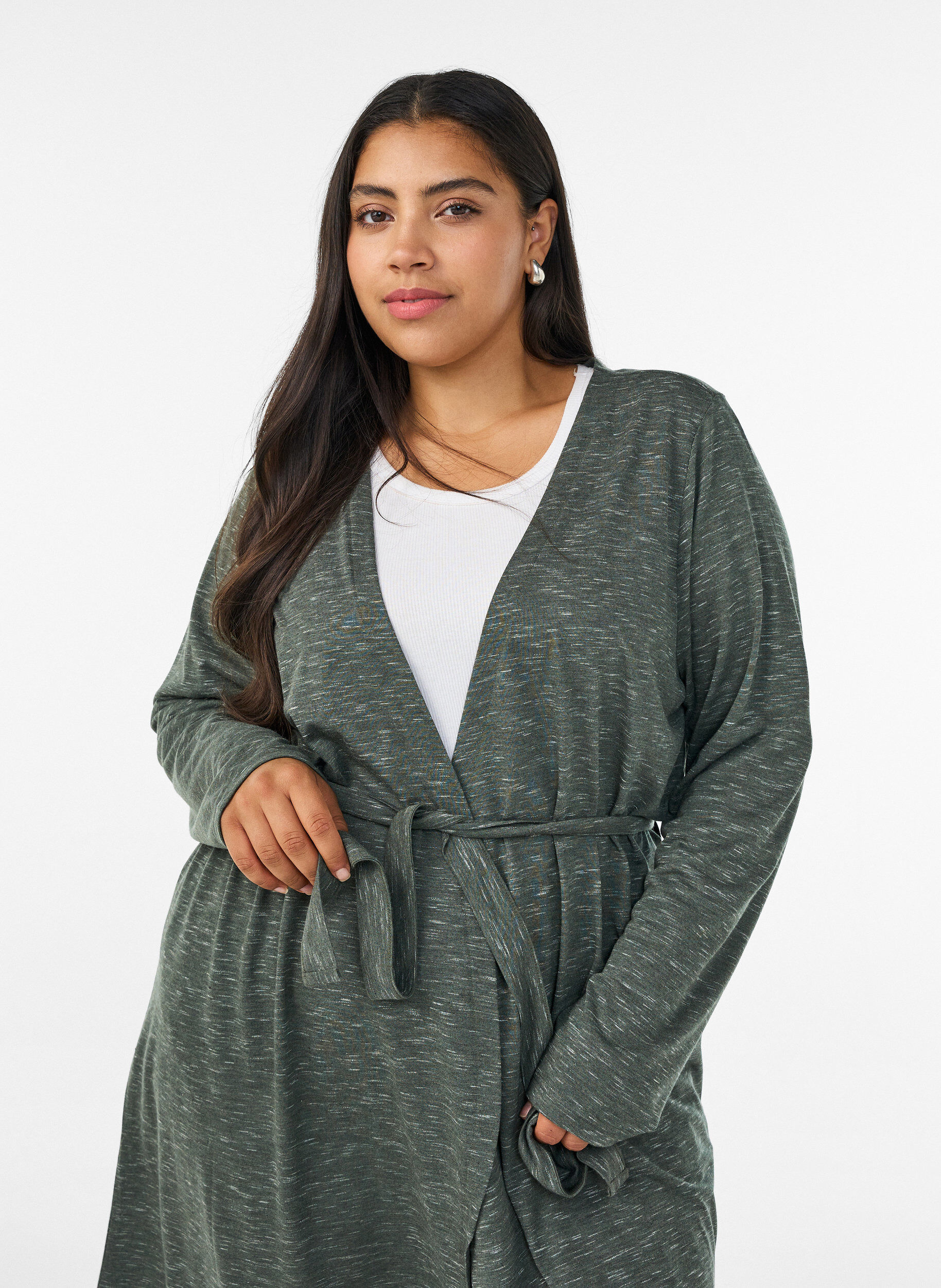 ZizziLang cardigan i jersey med bindeb&aring;nd, Gr&oslash;n, Model image number 2