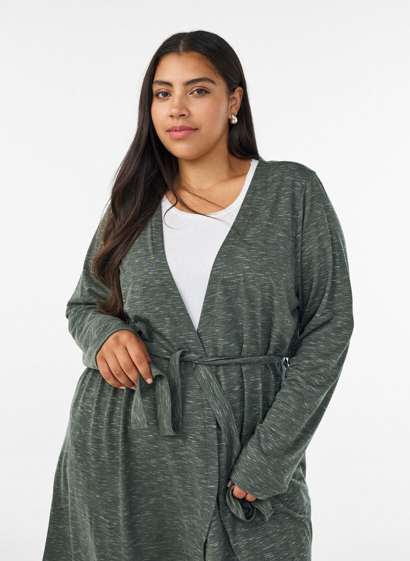 Lang cardigan i jersey med bindeb&aring;nd, Gr&oslash;n, Model image number 2