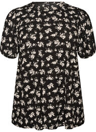 Bluse med korte &aelig;rmer og blomsterprint, Sort
