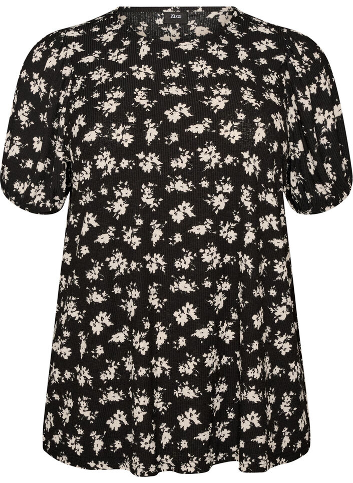 Bluse med korte &aelig;rmer og blomsterprint, Sort, Packshot image number 0