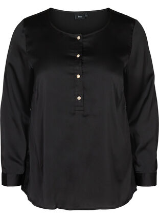 Langærmet bluse med feminine knapper, Black, Packshot image number 0