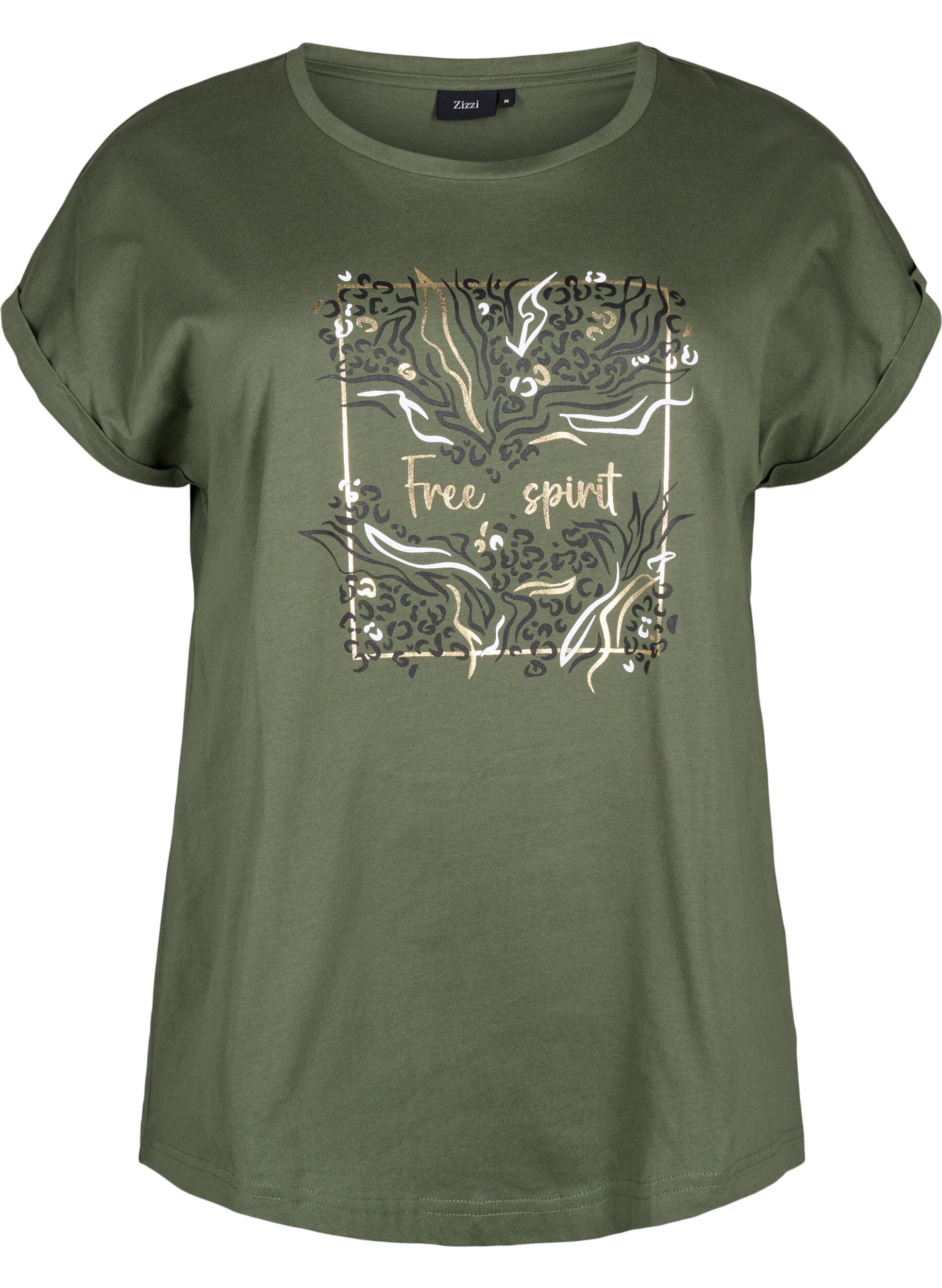 Zizzi T-shirt i &oslash;kologisk bomuld med guldtryk, Thyme W. Free, Packshot image number 0